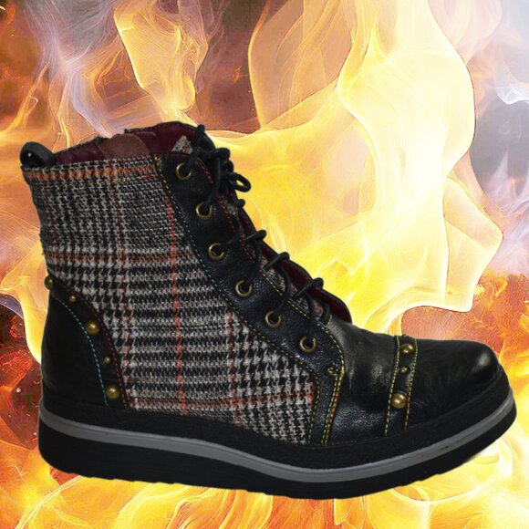 L’Artiste By Spring Step Shoes - Spring Step L’Artiste Rehja Black Brown Plaid Combat Style Boots, Size 36